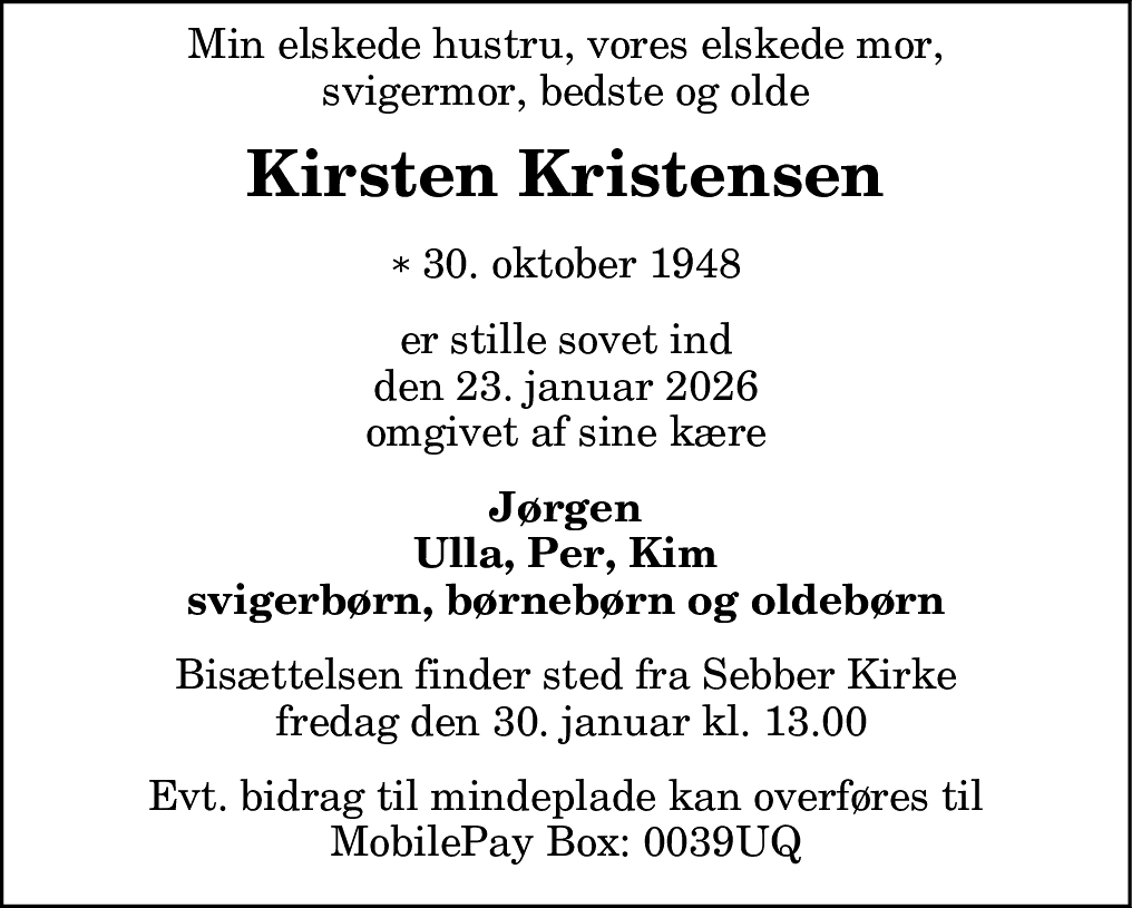 Dødsannonce for Kirsten Jensine Kristensen