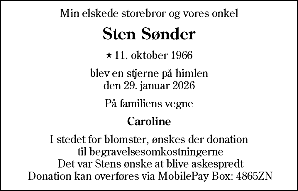 Dødsannonce for Sten Sønder