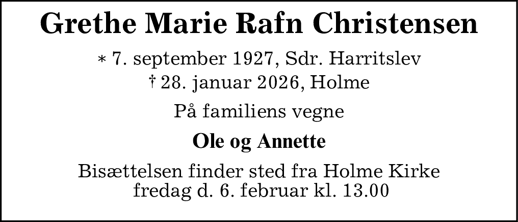 Dødsannonce for Grethe Marie Rafn Christensen