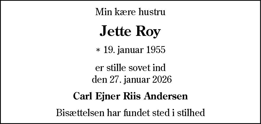 Dødsannonce for Jette Roy