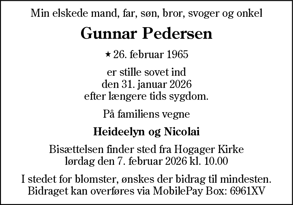 Dødsannonce for Gunnar Pedersen