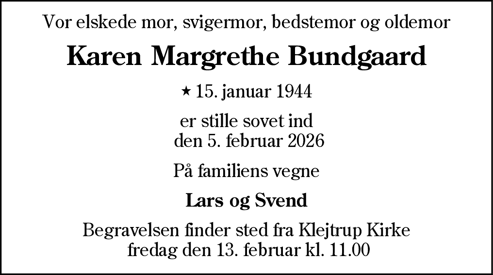 Dødsannonce for Karen Margrethe Bundgaard