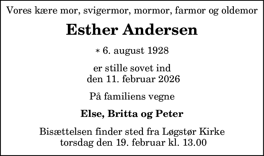 Dødsannonce for Esther Andersen