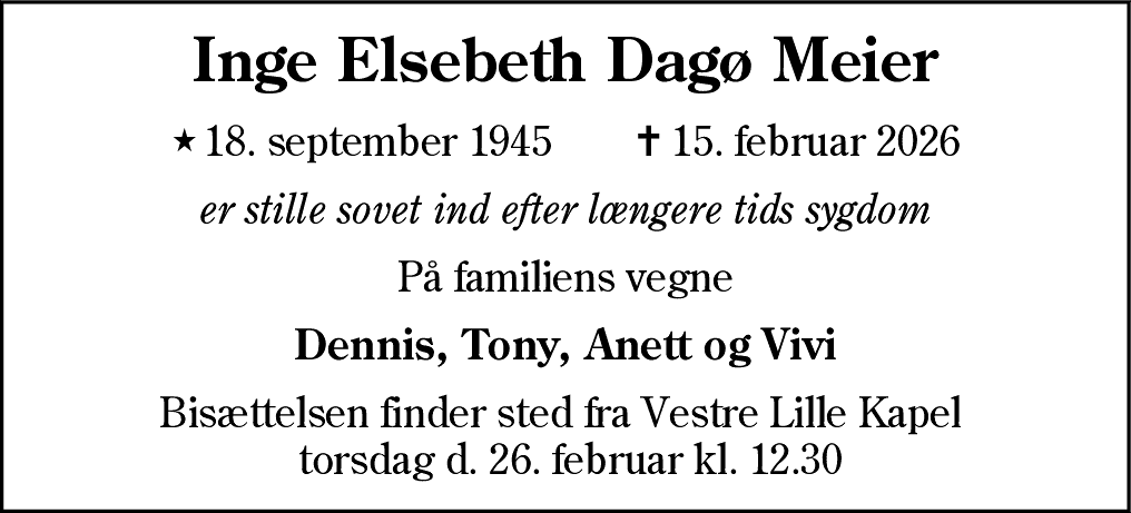 Dødsannonce for Inge Elsebeth Dagø Meier