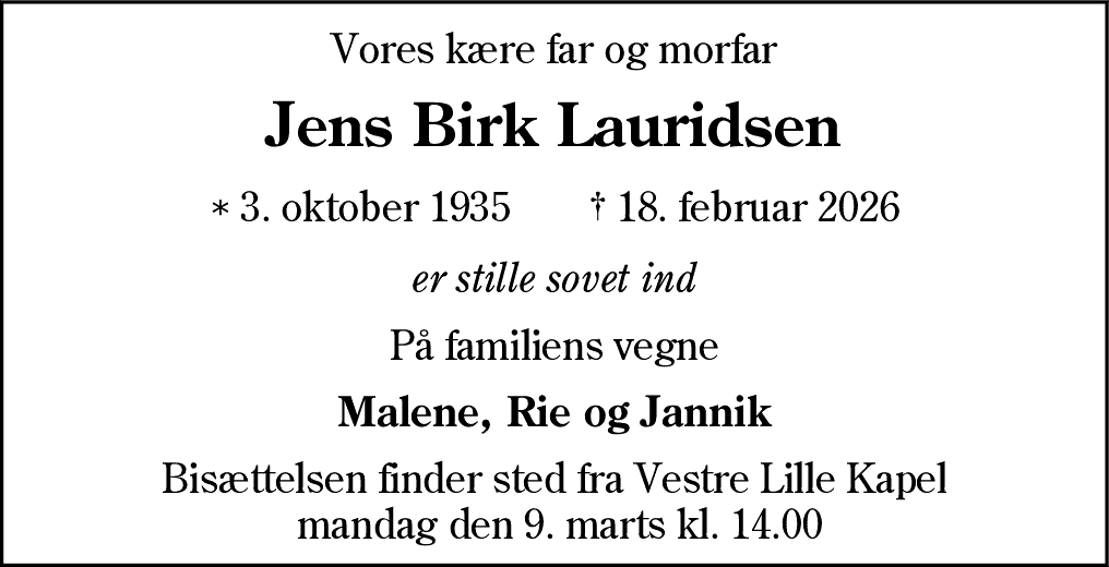 Dødsannonce for Jens Birk Lauridsen