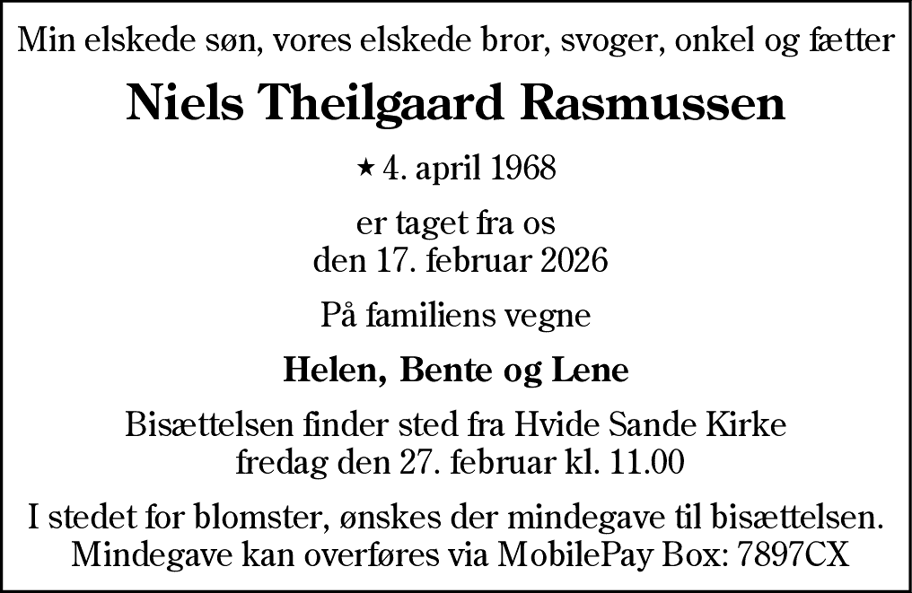 Dødsannonce for Niels Theilgaard Rasmussen