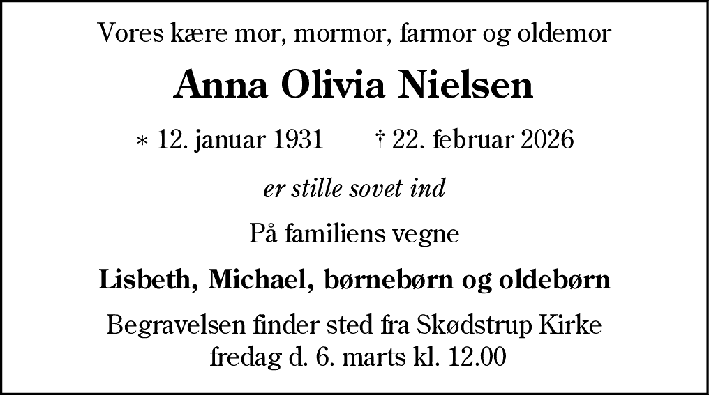 Dødsannonce for Anna Olivia Nielsen