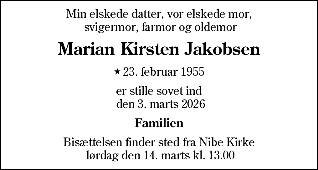 Dødsannonce for Marian Kirsten Jakobsen