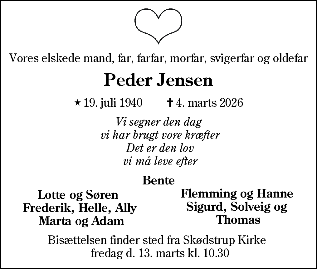 Dødsannonce for Peder Jensen