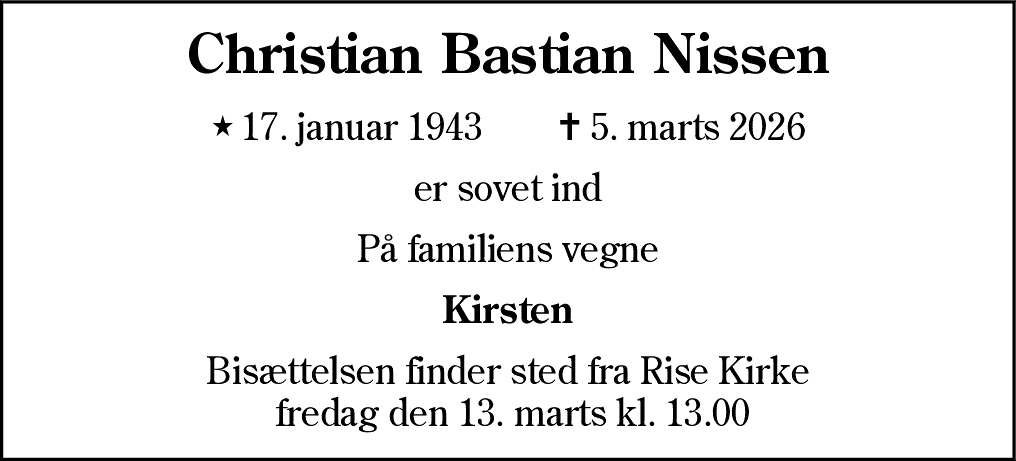 Dødsannonce for Christian Bastian Nissen
