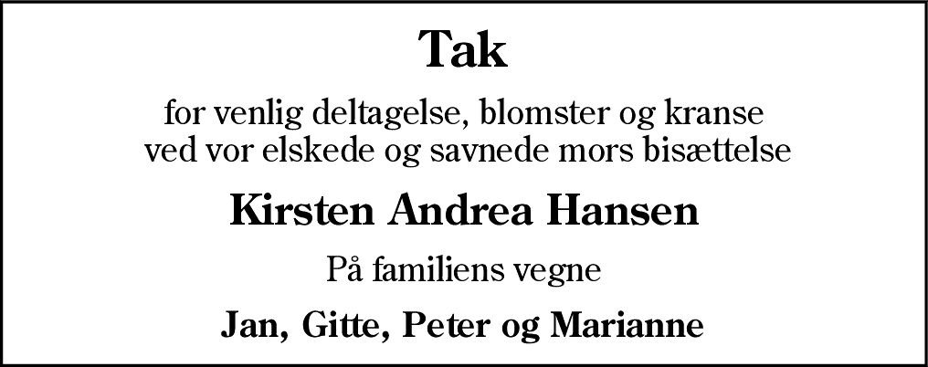 Dødsannonce for Kirsten Andrea Hansen