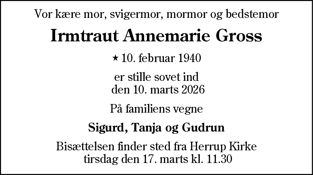 Dødsannonce for Irmtraut Annemarie Gross