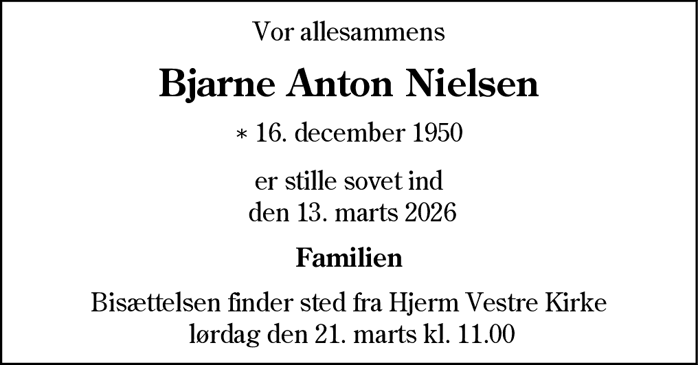 Dødsannonce for Bjarne Anton Nielsen