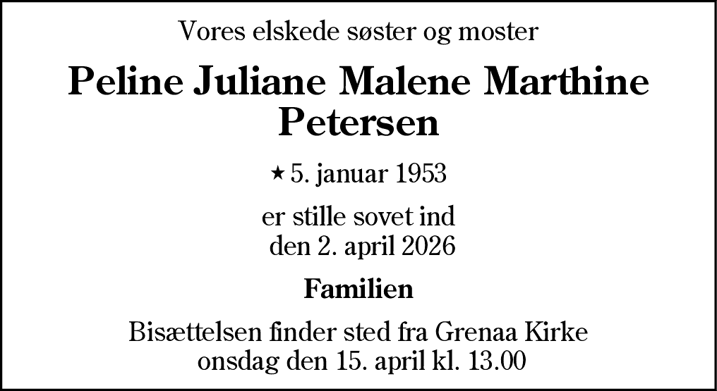 Dødsannonce for Peline Juliane Malene Marthine Petersen