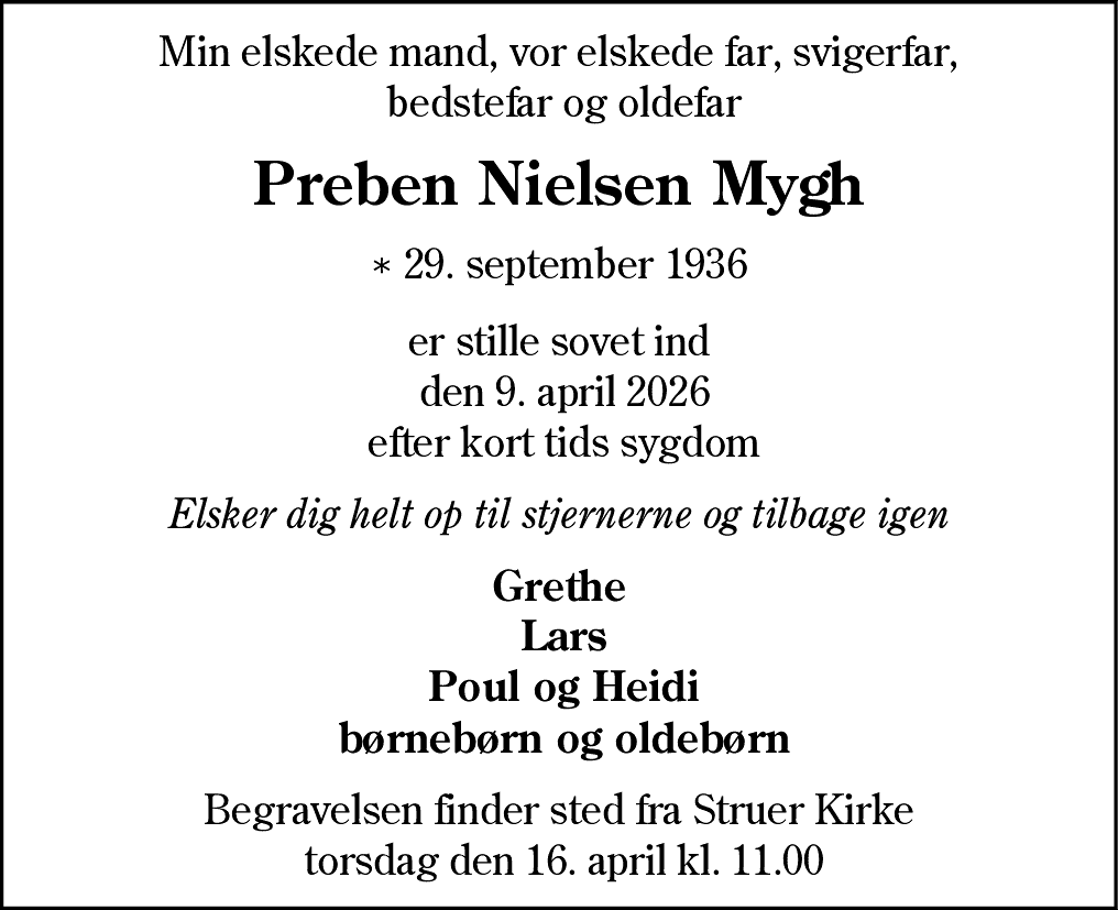 Dødsannonce for Preben Nielsen Mygh