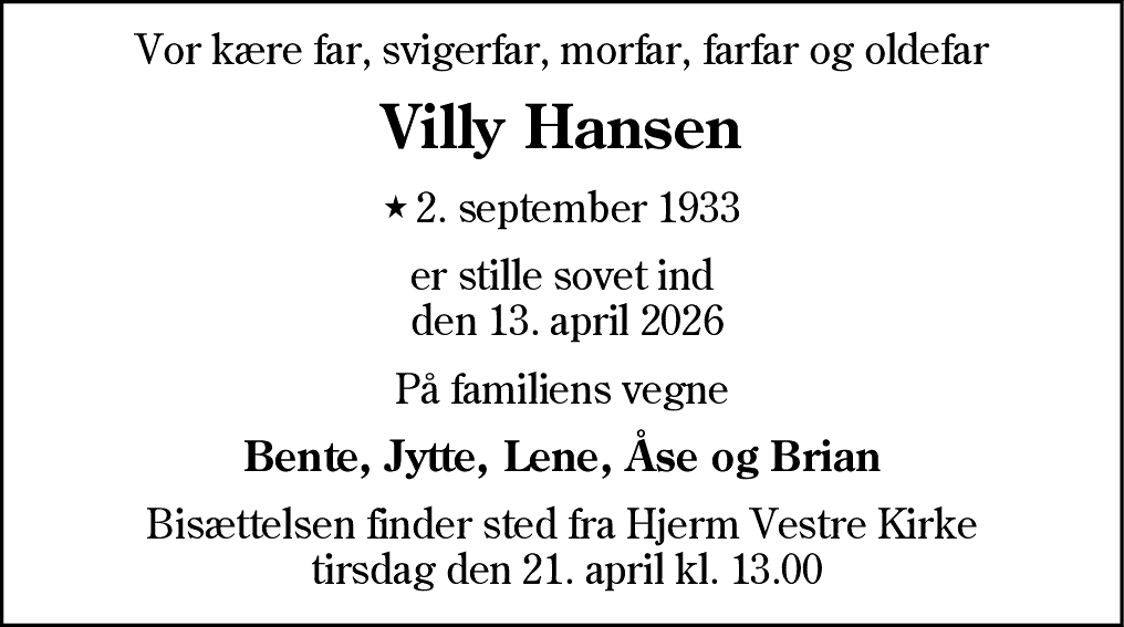 Dødsannonce for Villy Hansen