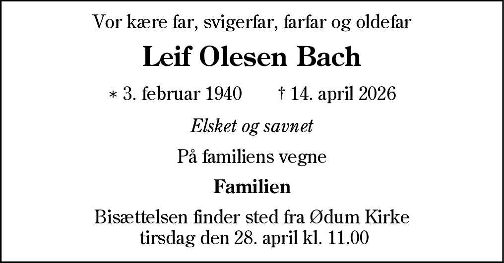 Dødsannonce for Leif Olesen Bach