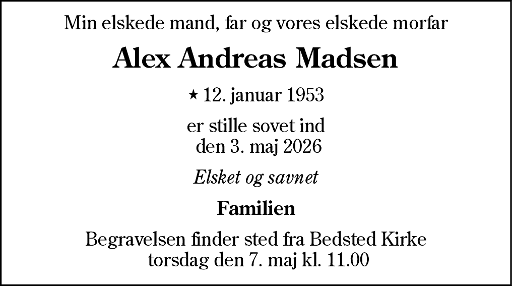 Dødsannonce for Alex Andreas Madsen