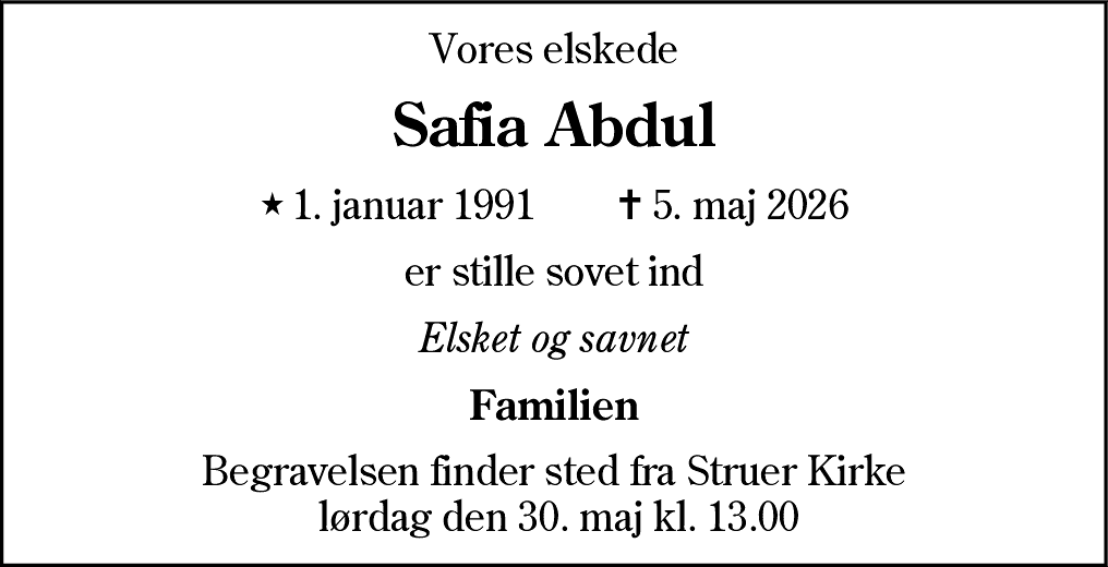 Dødsannonce for Safia Abdul