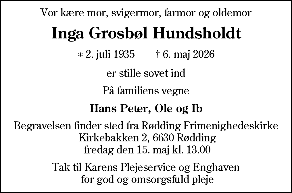 Dødsannonce for Inga Grosbøl Hundsholdt