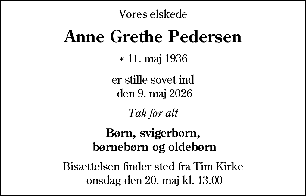 Dødsannonce for Anna Margrethe Pedersen