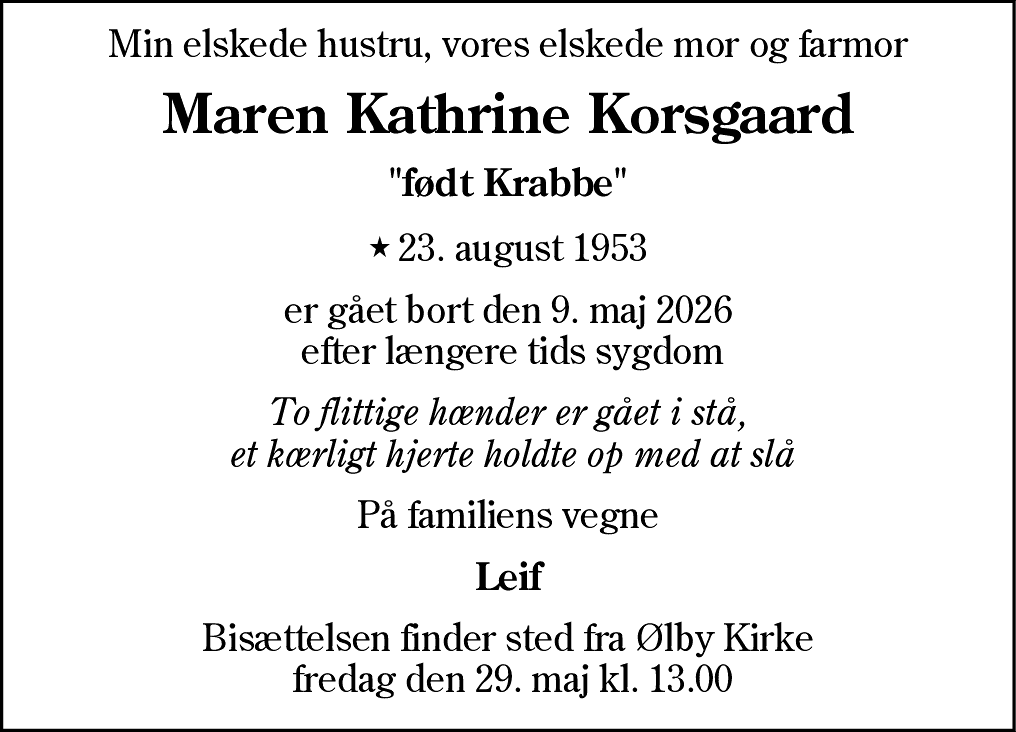 Dødsannonce for Maren Kathrine Korsgaard
