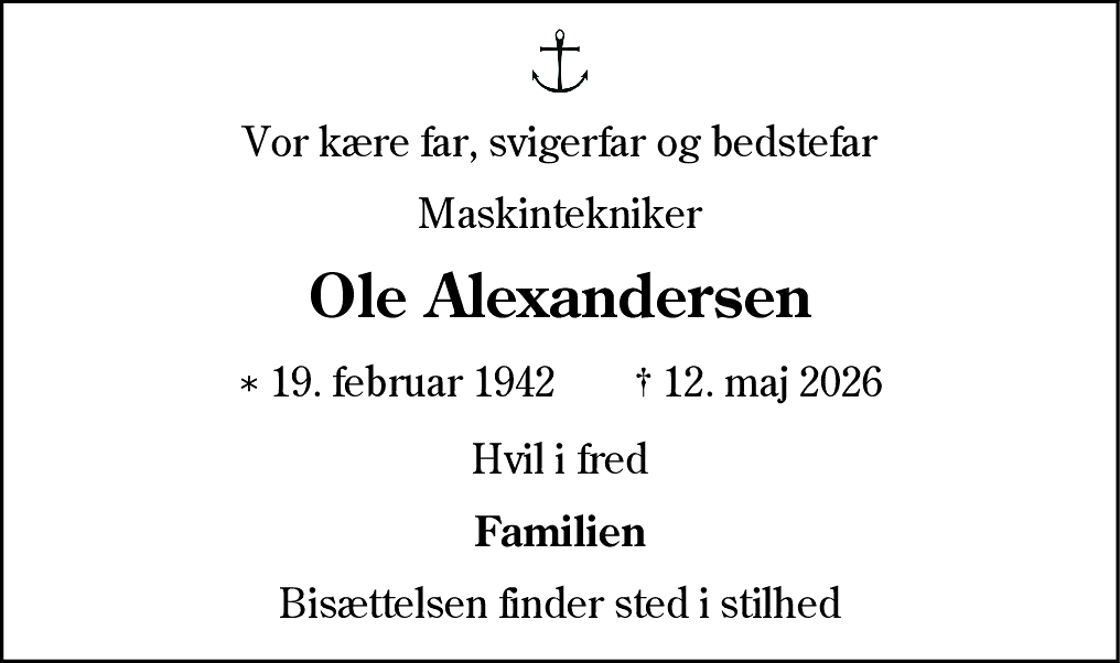 Dødsannonce for Aksel Ole Alexandersen