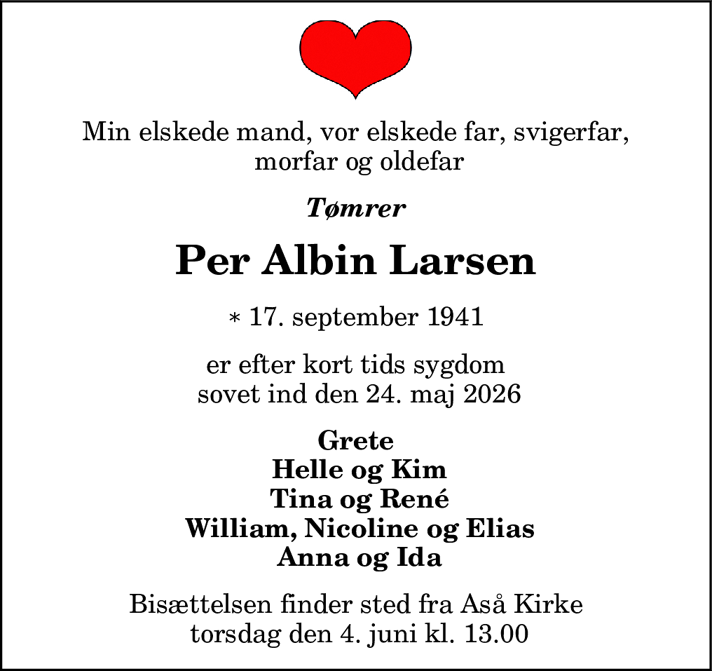 Dødsannonce for Per Albin Larsen