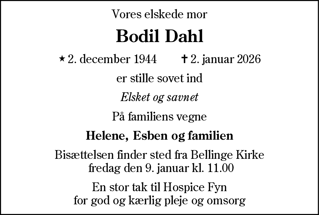 Dødsannonce for Bodil Dahl