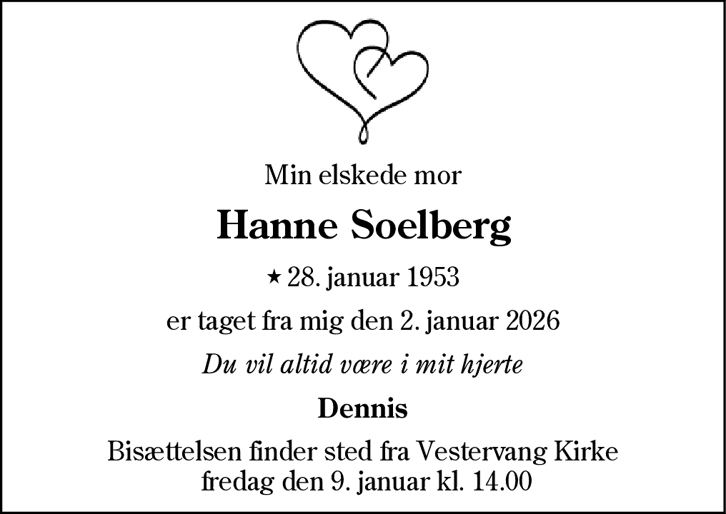 Dødsannonce for Hanne Soelberg