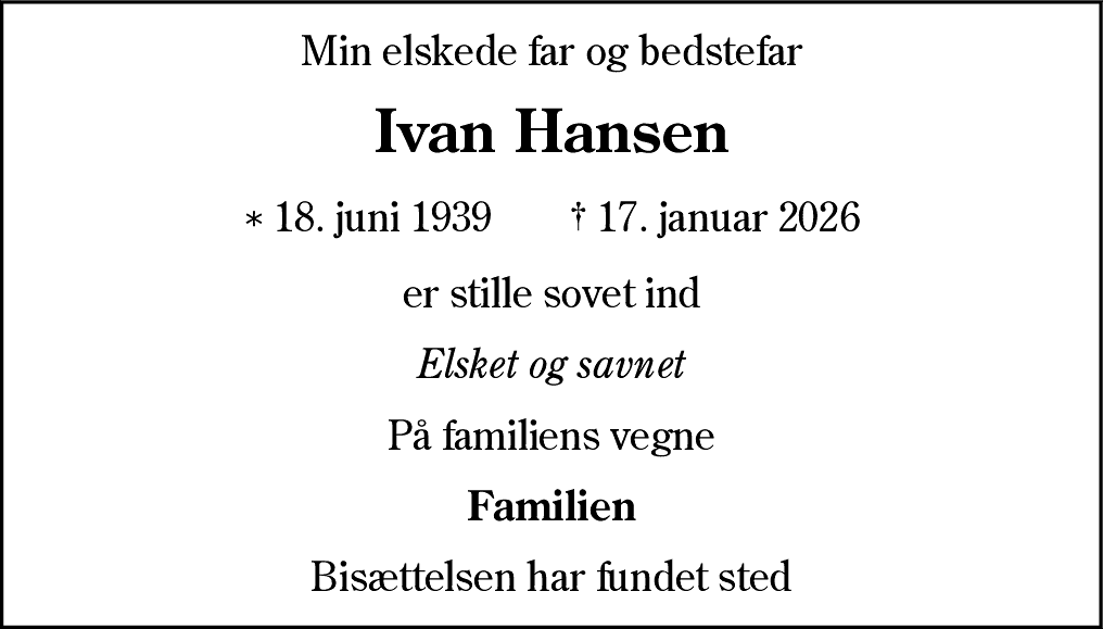Dødsannonce for Ivan Hansen