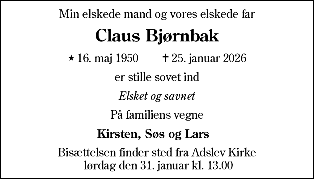 Dødsannonce for Claus Bjørnbak
