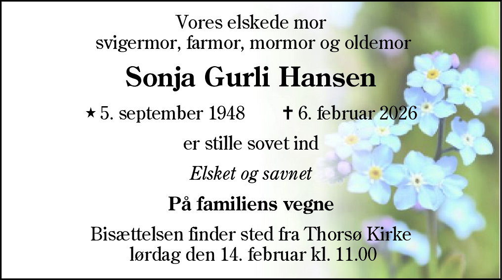 Dødsannonce for Sonja Gurli Hansen