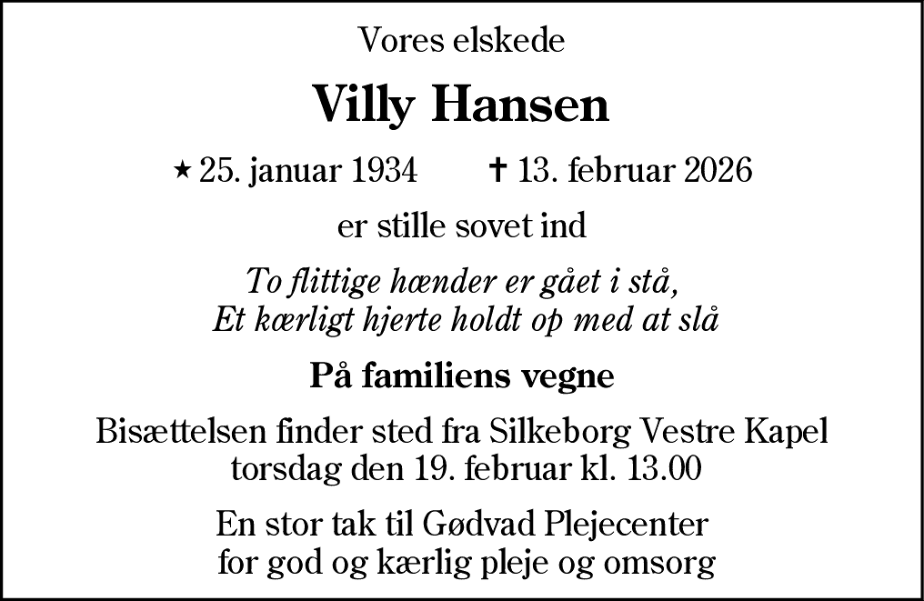 Dødsannonce for Villy Hansen