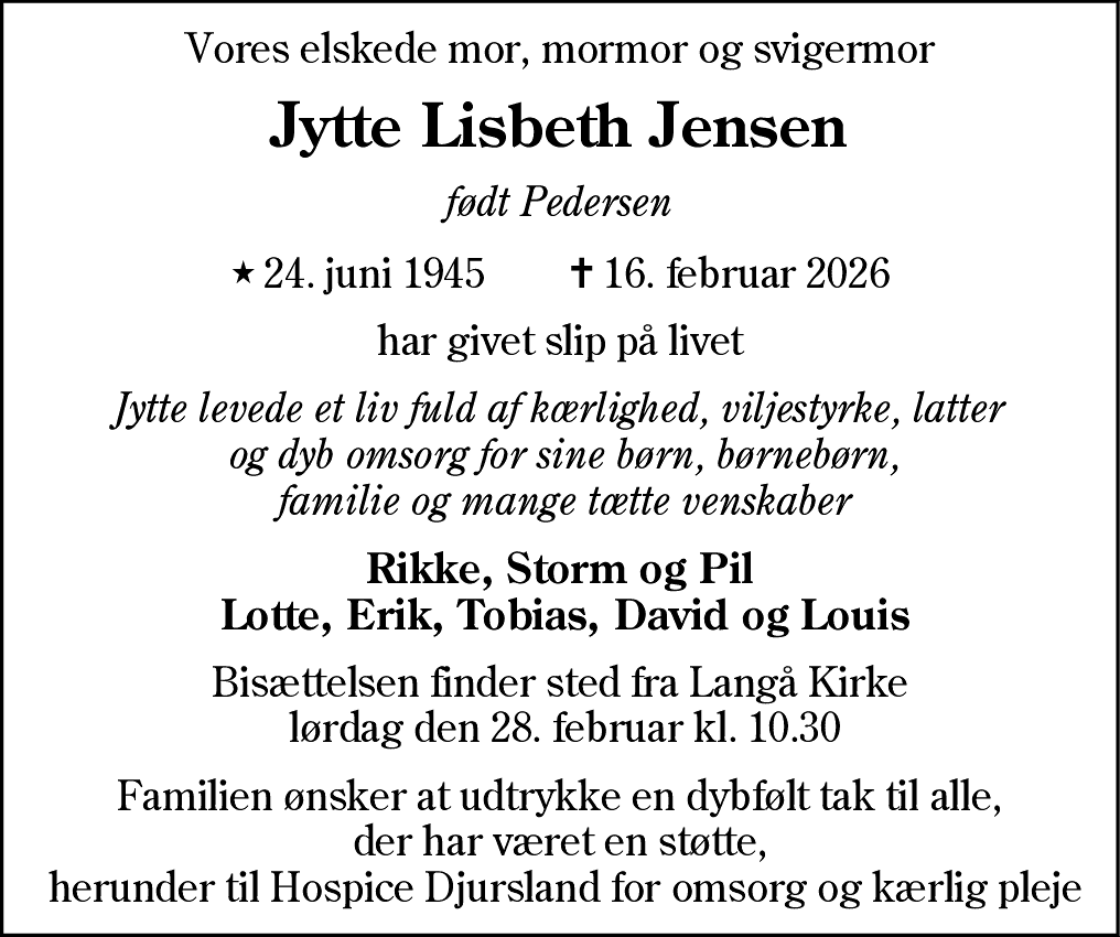 Dødsannonce for Jytte Lisbeth Jensen