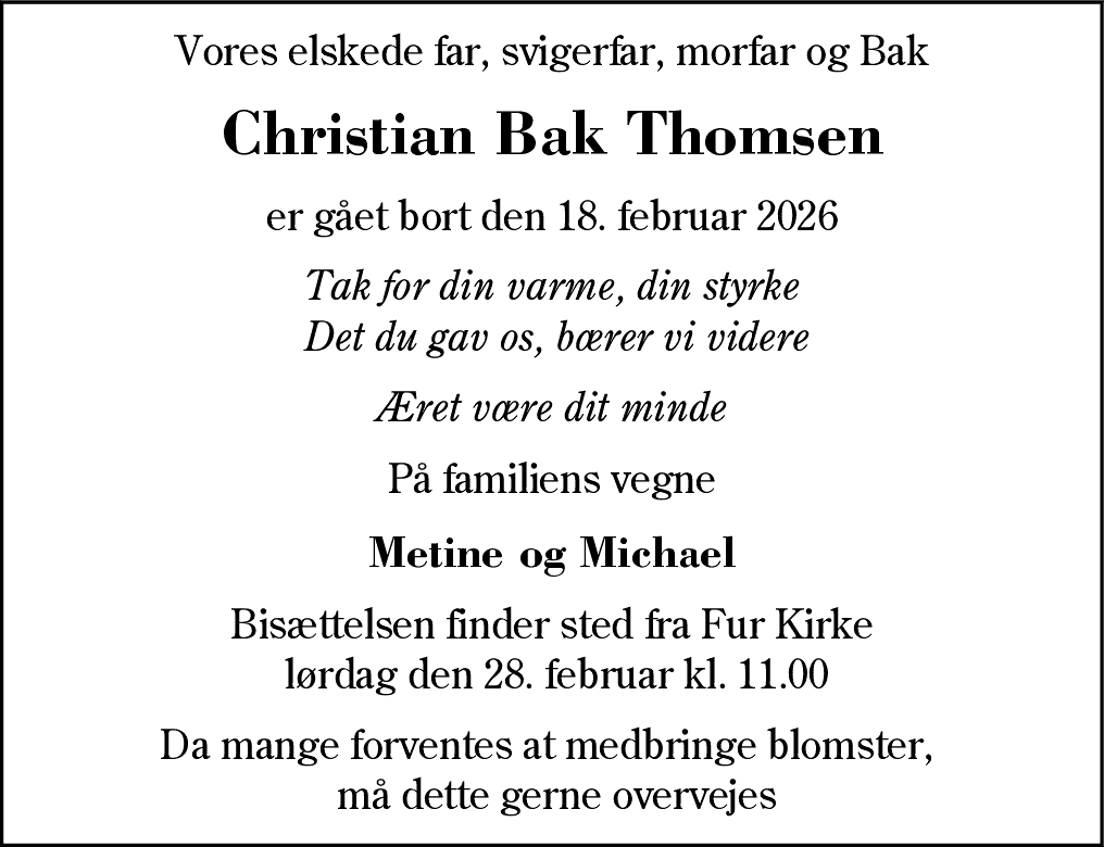 Dødsannonce for Christian Bak Thomsen