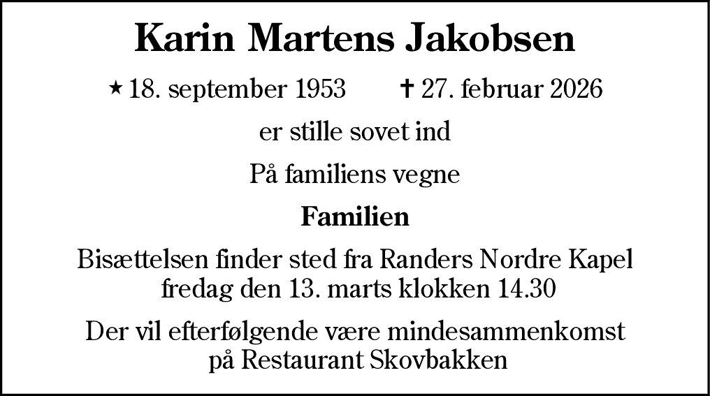 Dødsannonce for Karin Martens Jakobsen