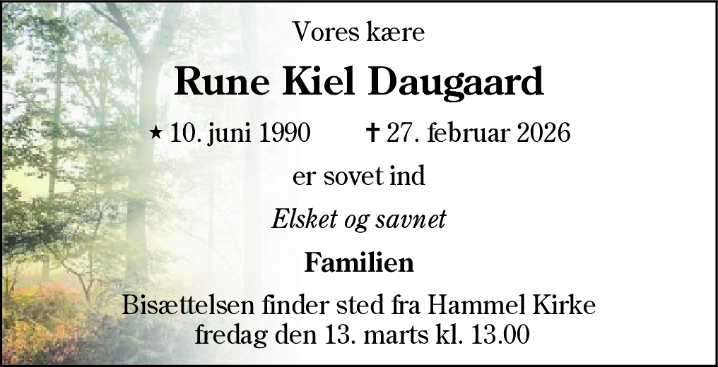 Dødsannonce for Rune Kiel Daugaard