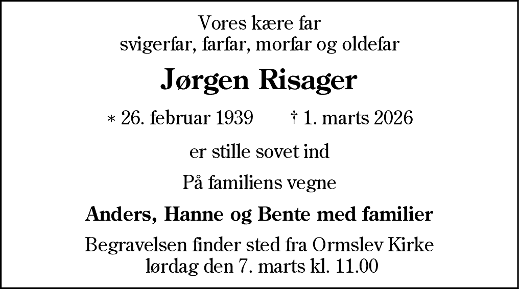 Dødsannonce for Jørgen Risager