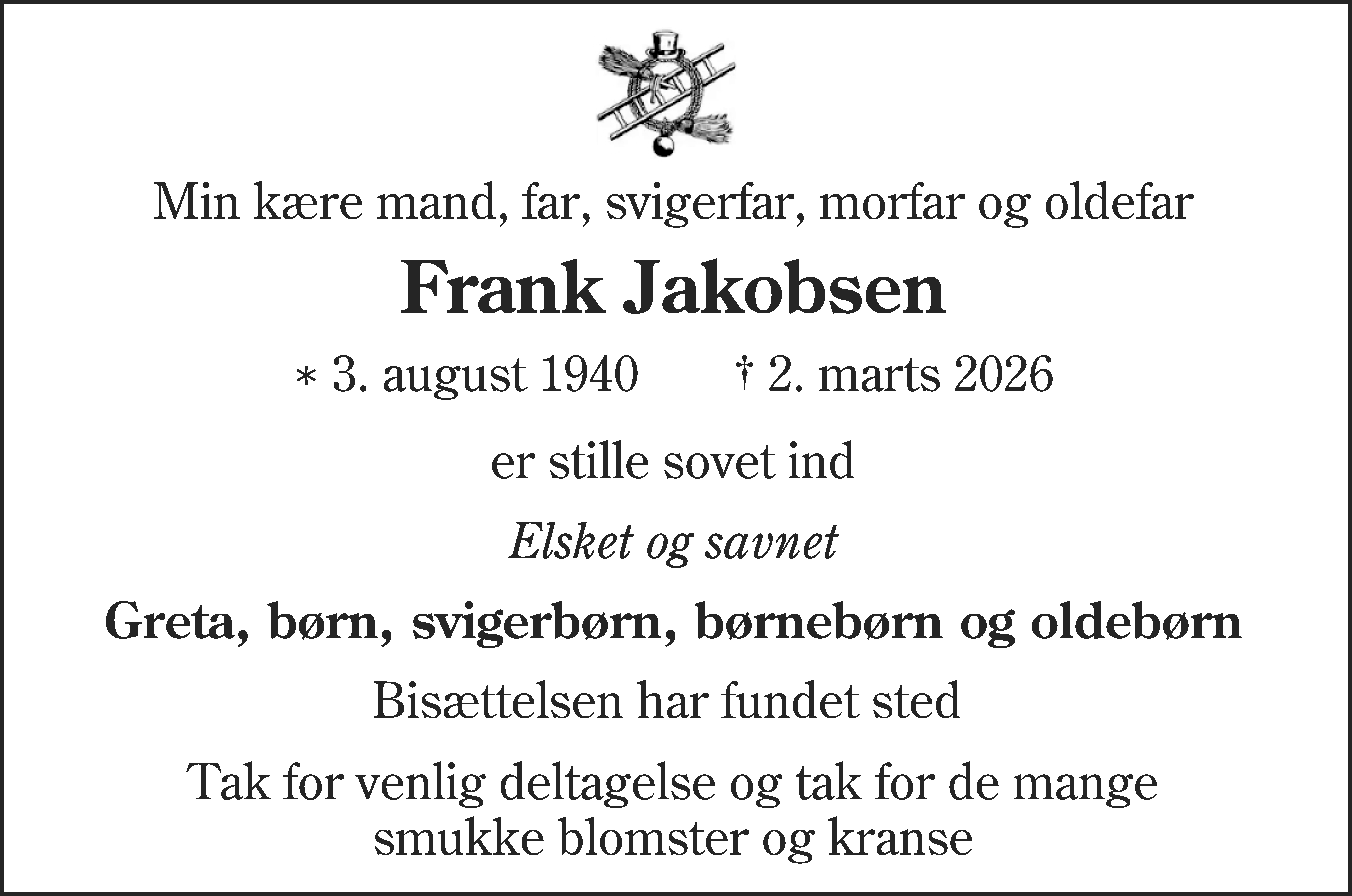 Dødsannonce for Frank Jakobsen