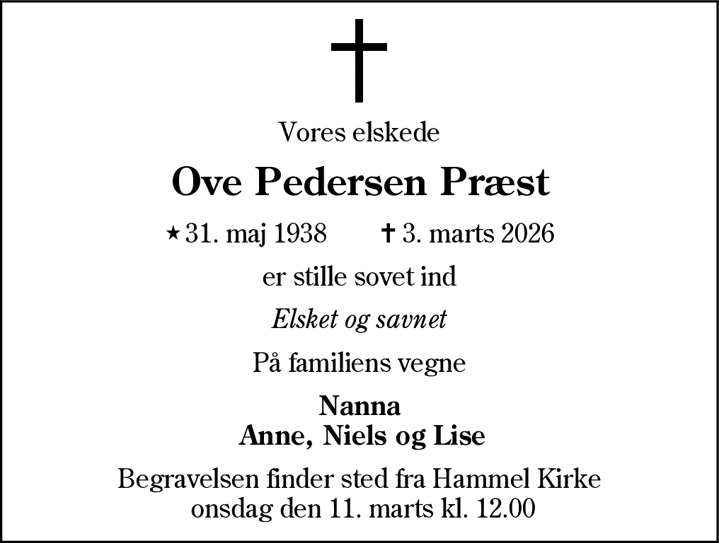 Dødsannonce for Ove Pedersen Præst