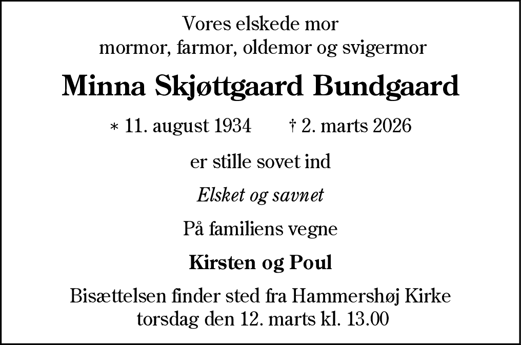 Dødsannonce for Minna Skjøttgaard Bundgaard
