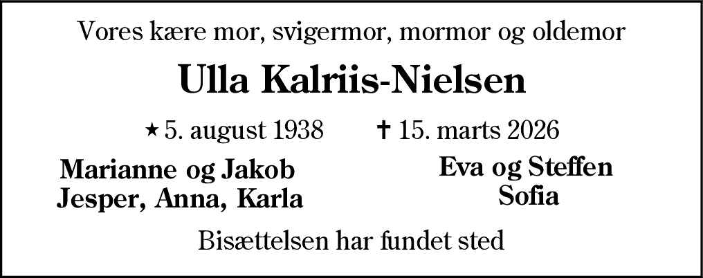 Dødsannonce for Ulla Kalriis-Nielsen