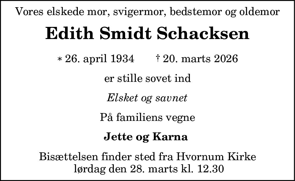 Dødsannonce for Edith Smidt Schacksen
