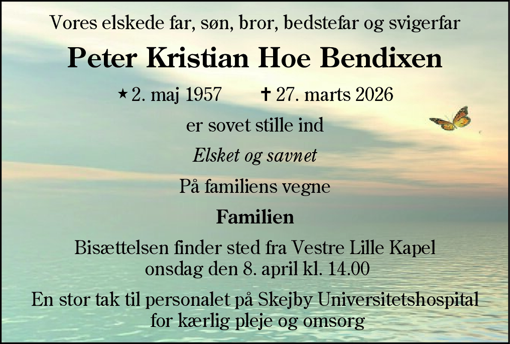 Dødsannonce for Peter Kristian Hoe Bendixen