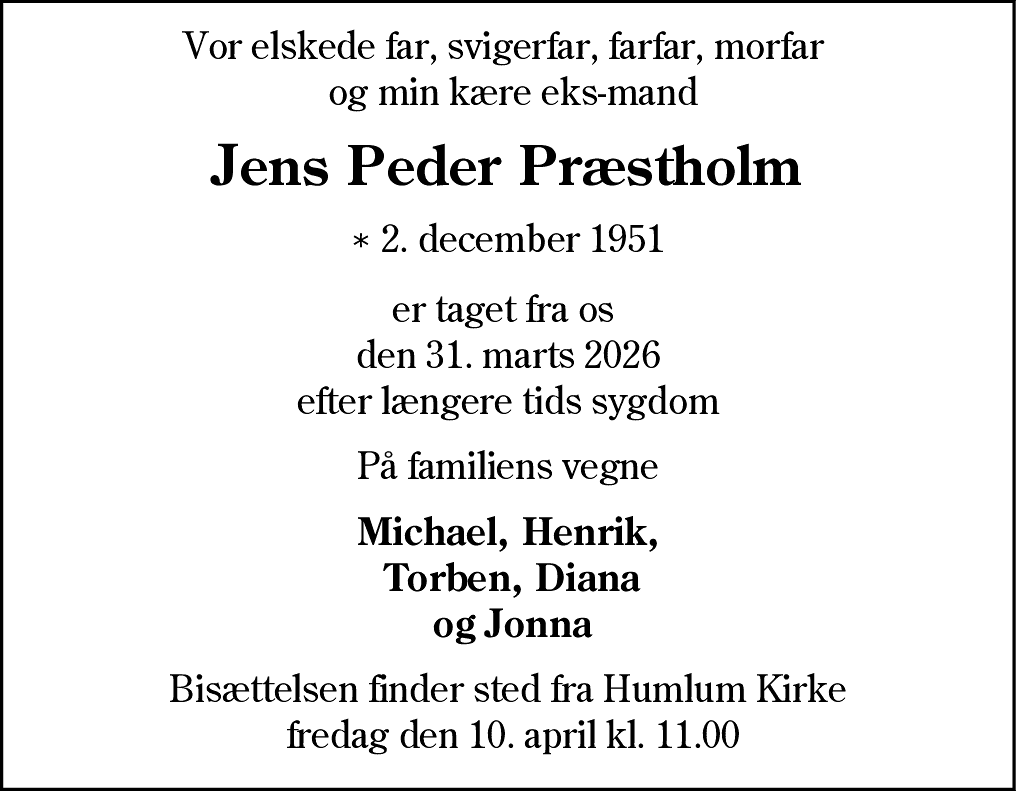 Dødsannonce for Jens Peder Præstholm
