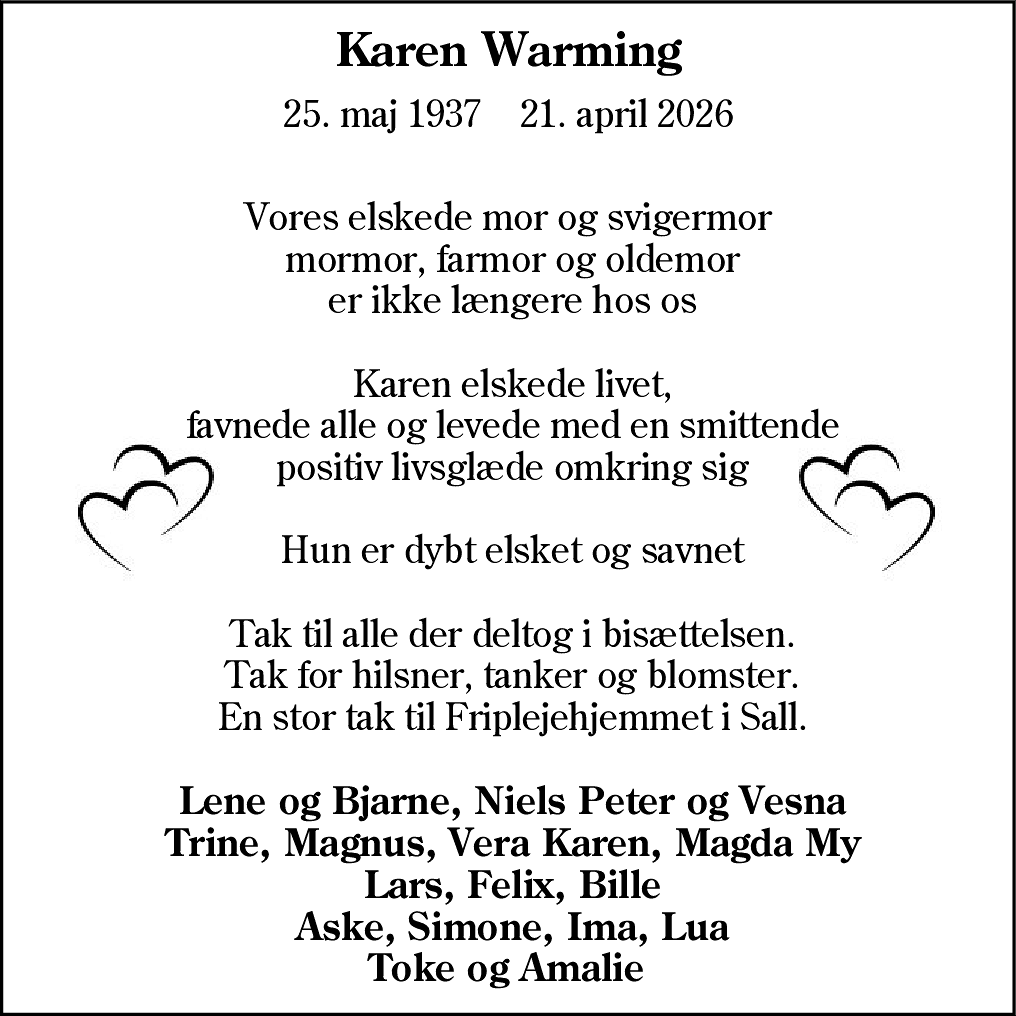 Dødsannonce for Karen Warming