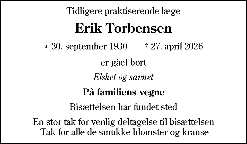 Dødsannonce for Erik Torbensen