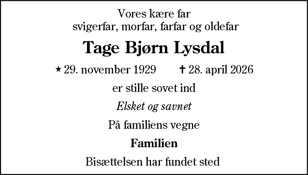 Dødsannonce for Tage Bjørn Lysdal