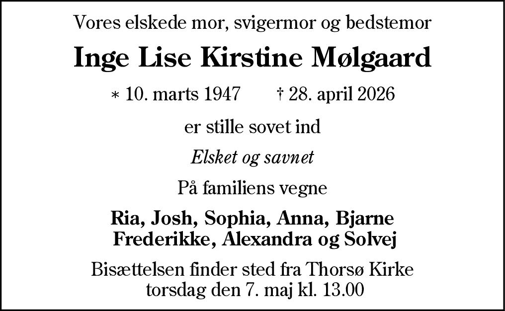 Dødsannonce for Inge Lise Kirstine Mølgaard